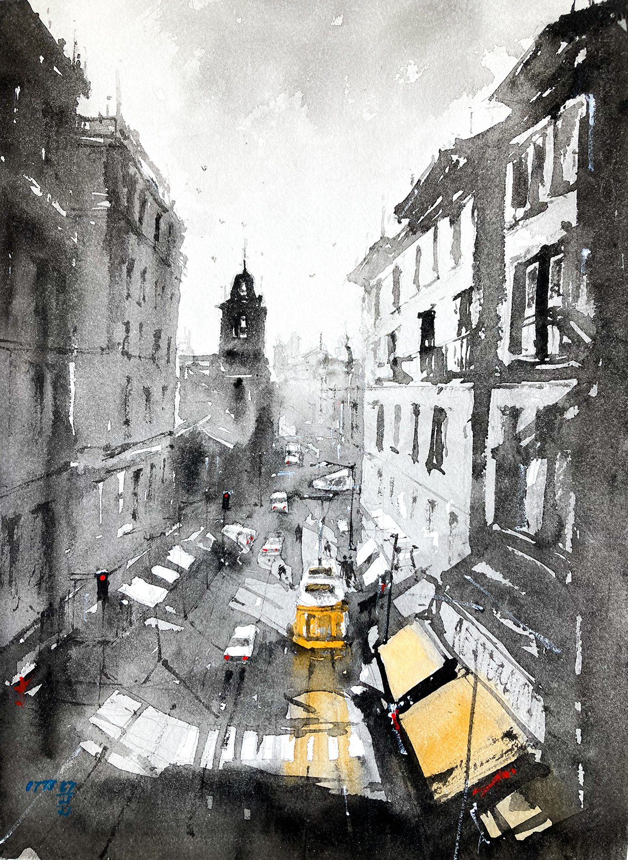 Watercolor color painting the street view of Lisbon Portugal