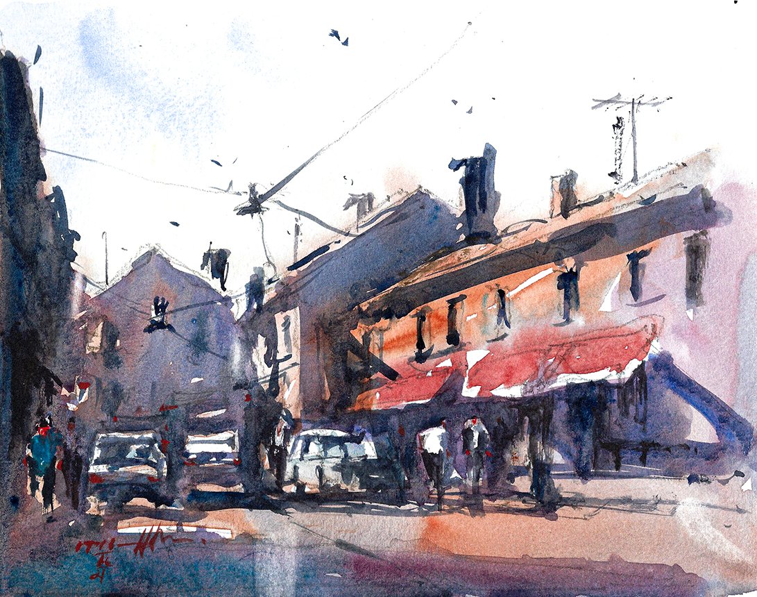 Watercolor Sketch of Street Scene