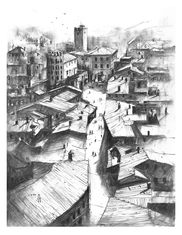 charcoal drawing of Orvieto, Italy