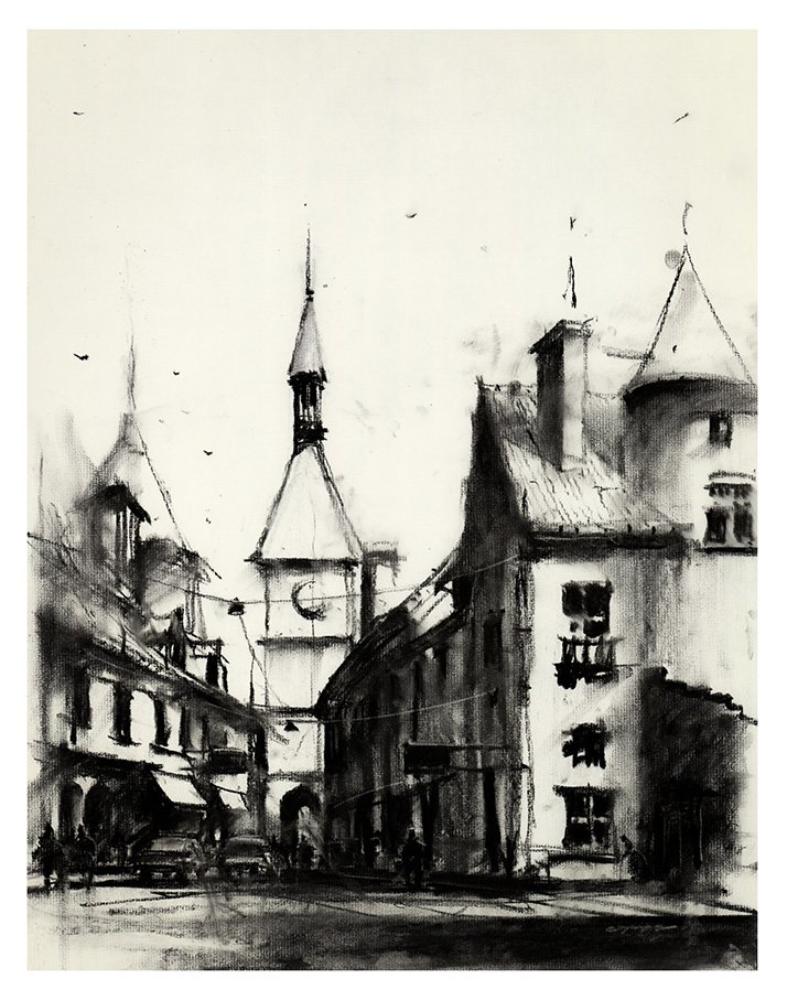 Charcoal Drawing of traditional European Street