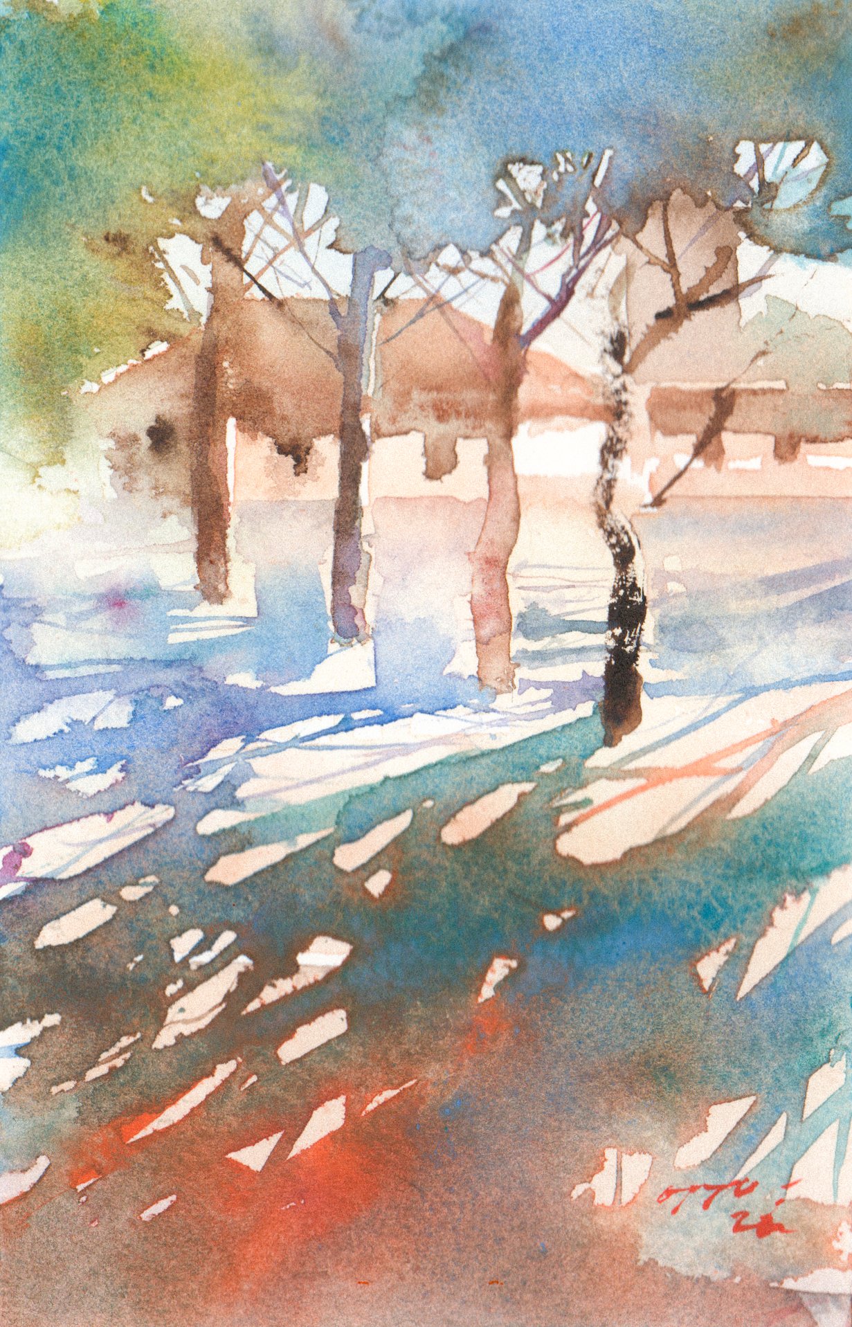 Watercolor painting with vivid colors landscape