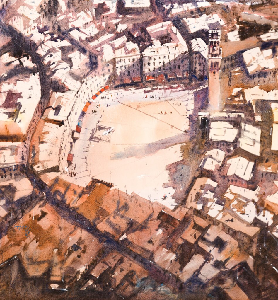 Watercolor Painting of the Piazza del Compo, Siena, Italy
