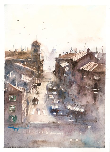 Watercolor painting of main street of Caprarola, Umbria, Italy