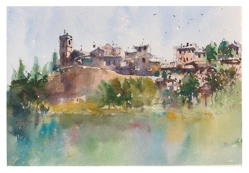 Watercolor painting of Orvieto, Italy in spring