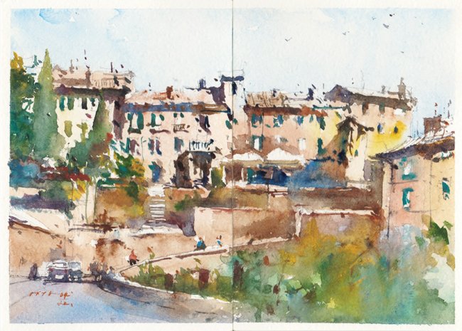 Watercolor painting of Siena, Italy at the beginning of spring