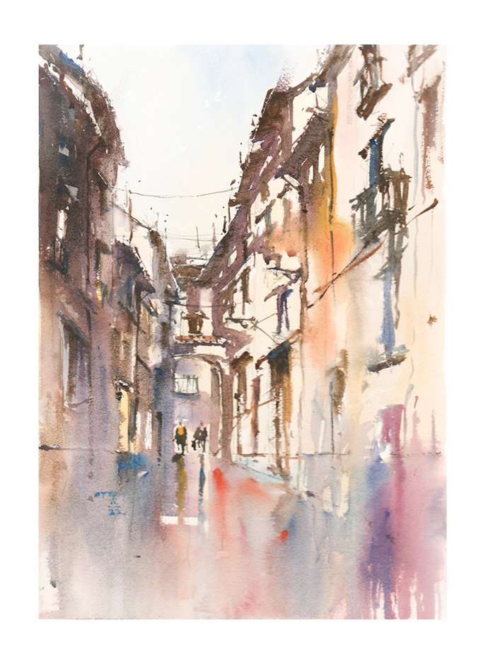 Watercolor Painting of Orvieto little alley, Italy
