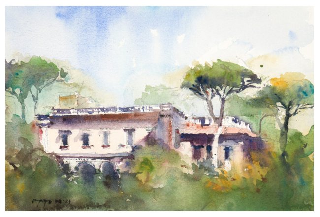 Watercolor Painting of Rome, view looking from Paseggiata Del Pincio