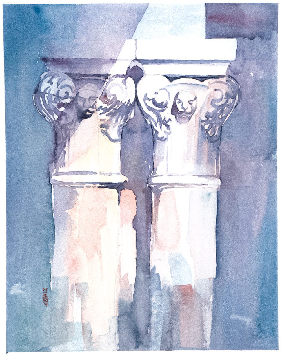 Watercolor painting of columns at Isabella Stewart Gardner Museum