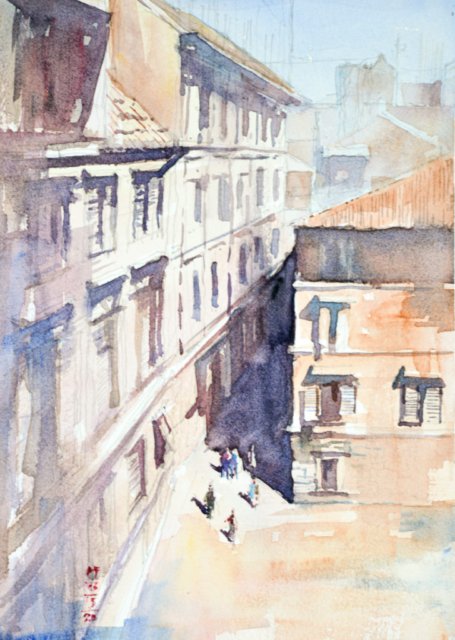 Watercolor painting of an aerial view of between an alley and Italian piazza