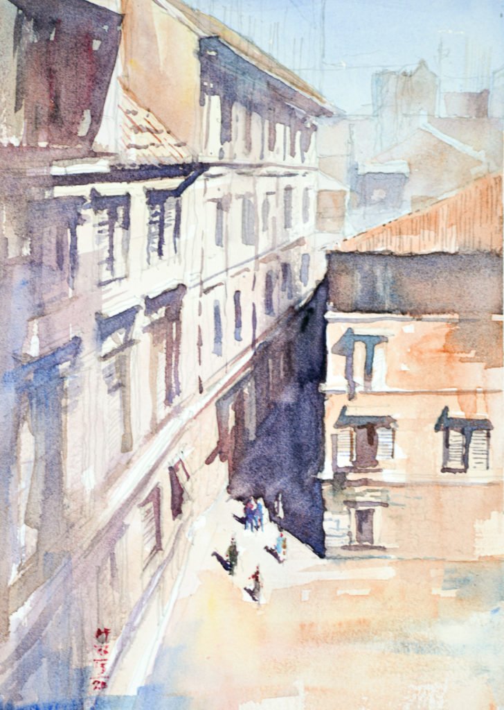 Watercolor painting of an aerial view of between an alley and Italian piazza
