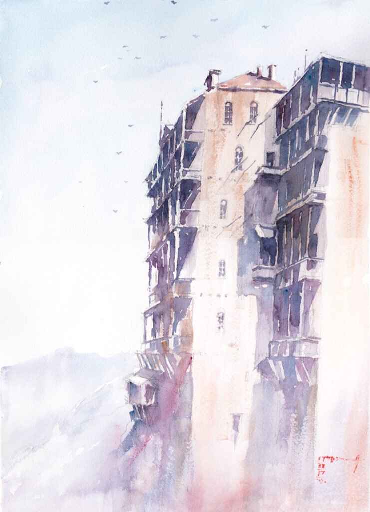 Watercolor painting of Simon Petra on Mount Athos, Greek