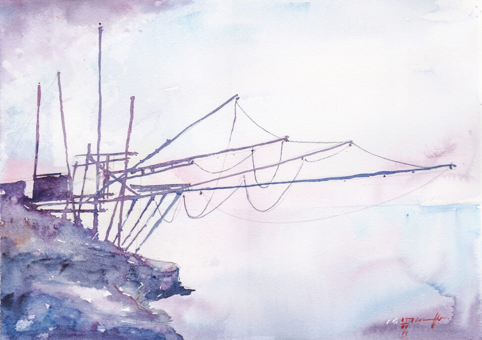 Watercolor Painting of Italian Fishing Structure