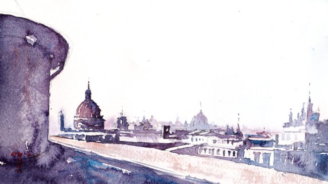 Watercolor painting of Rome skyline