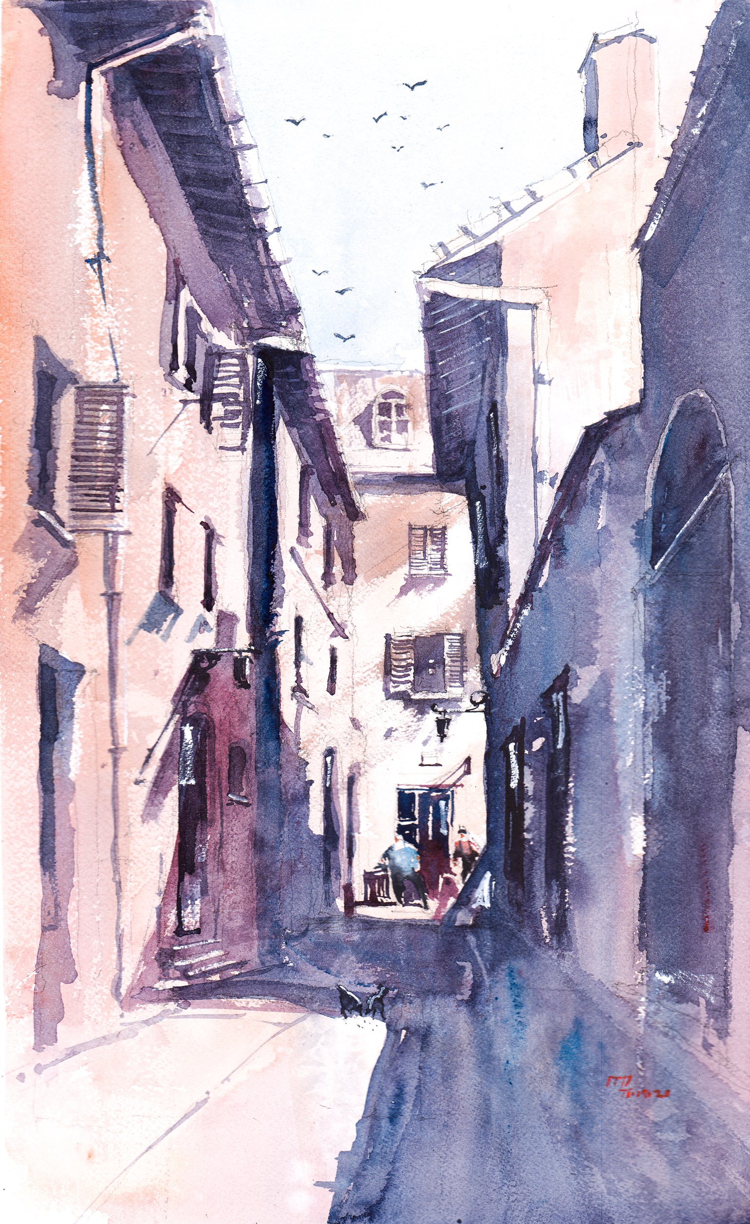 Watercolor Painting of 14th century Houses at Assisi, Italy