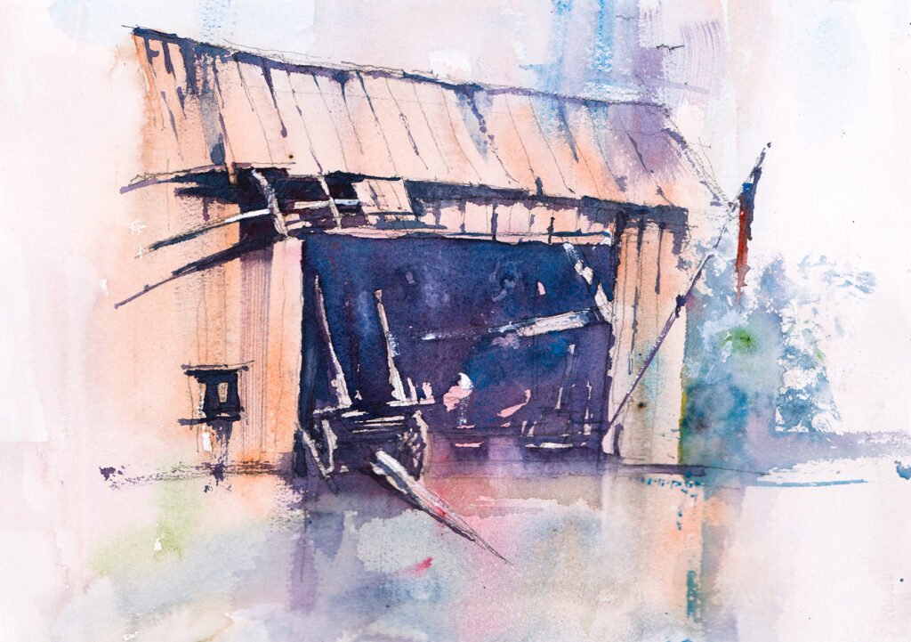 Watercolor painting of an old barn door: the beauty of imperfection