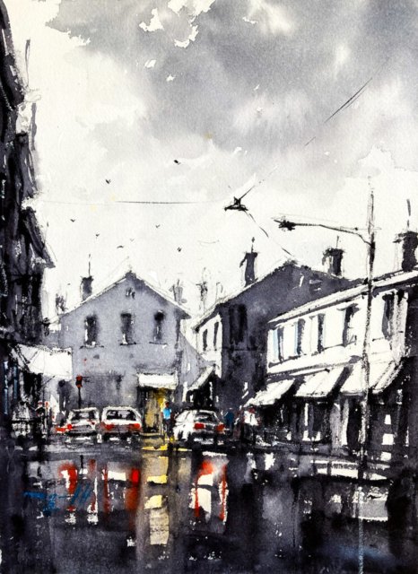 Watercolor Painting of a street scene