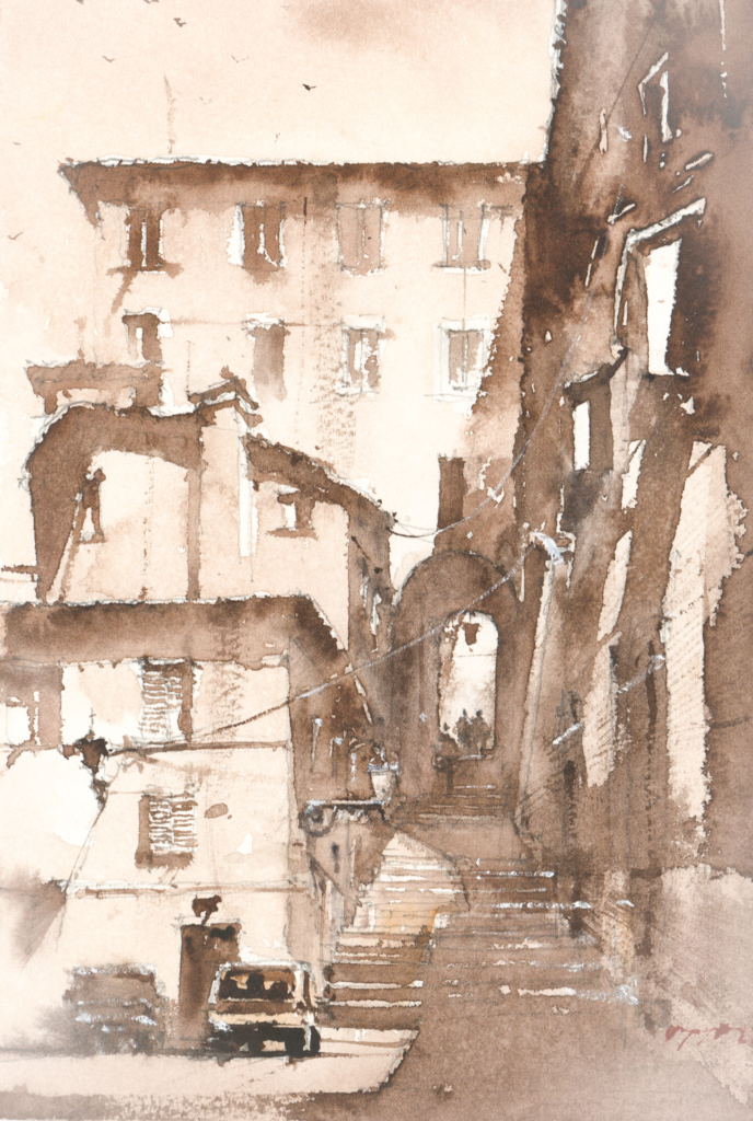 Sepia watercolor painting of a narrow architectural passage with stairs, building facades, and a parked car.