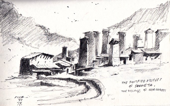 Graphite sketch of Medieval Village of Chazhashi