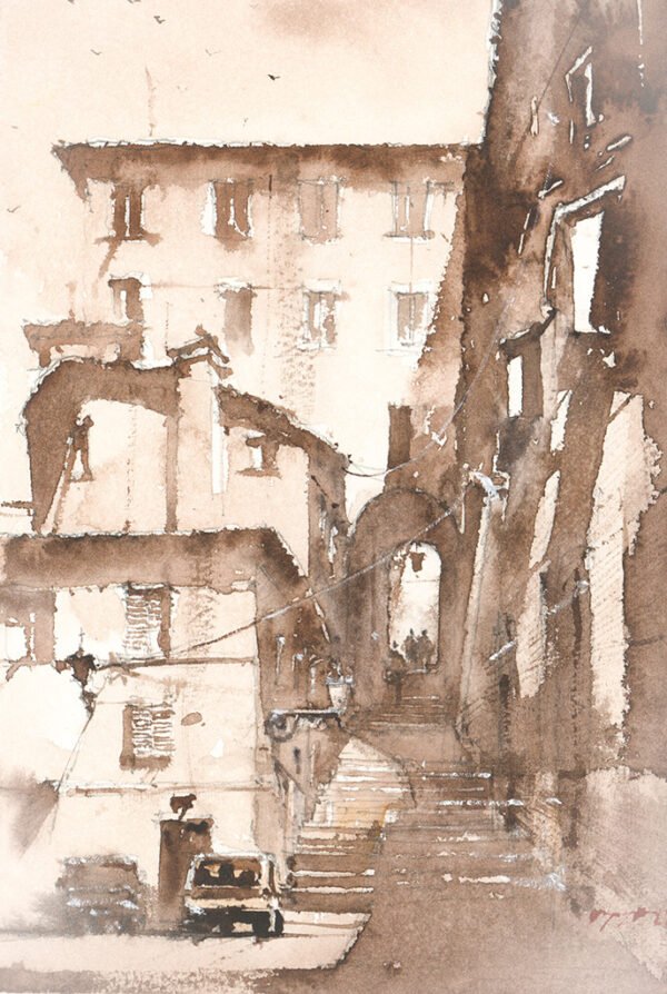 Monochrome watercolor painting of Siena, Italy.