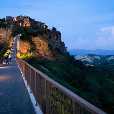 View of Civita di Bagnoregio at dusk from the pedestrian bridge