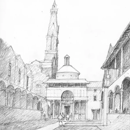Freehand architectural drawing demonstrating one-point perspective through direct observation