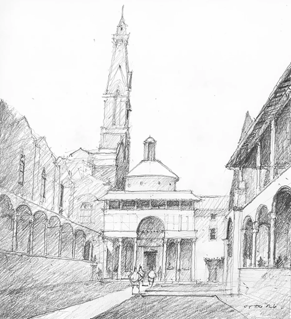 Freehand architectural drawing demonstrating one-point perspective through direct observation